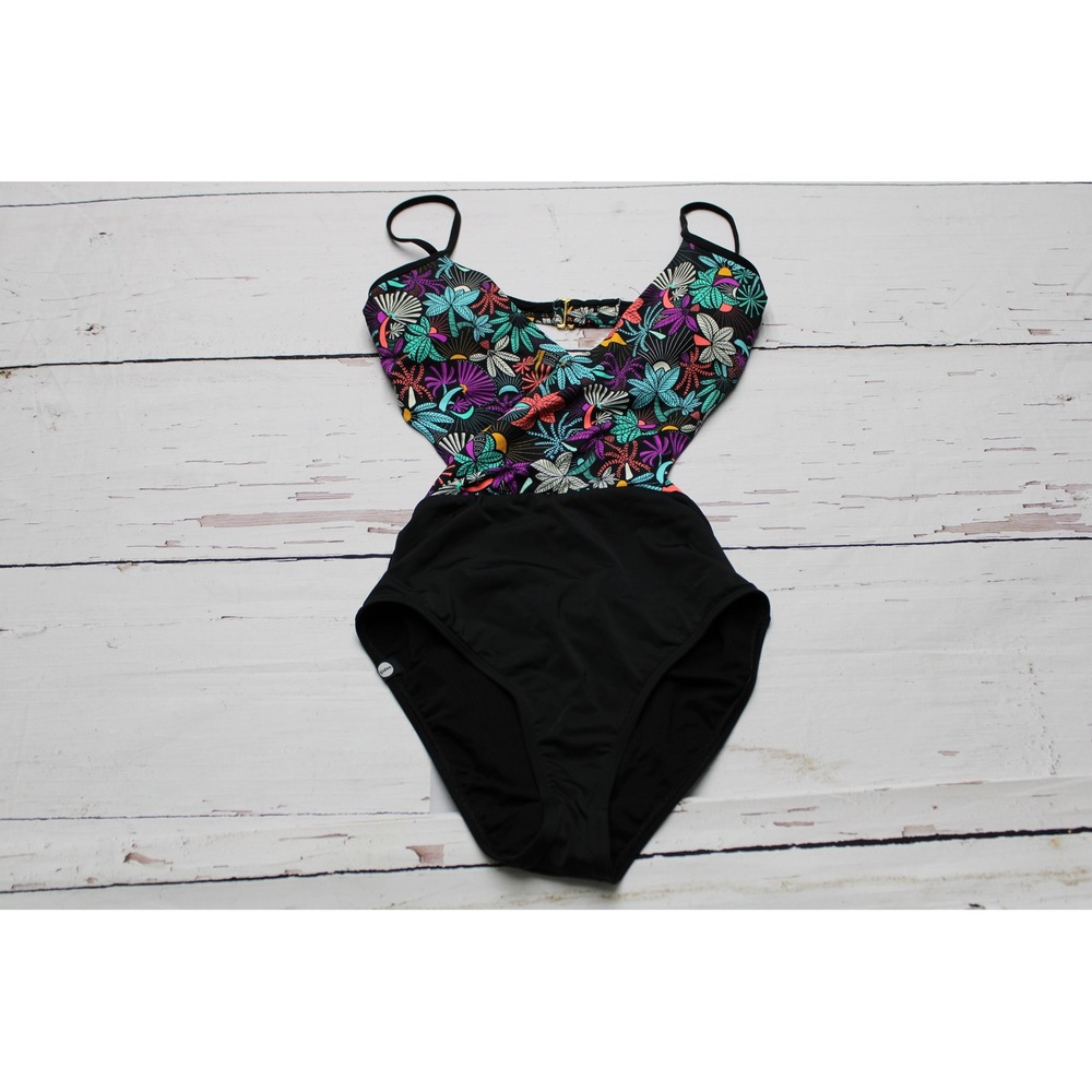 Eidon Helena One Piece Swimsuit Cutout Tropical Palm Black XS Boho Beach